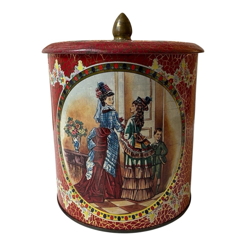 VTG Red Decorative Tin Metal Canister Container  Biscuits Treats-Made in England